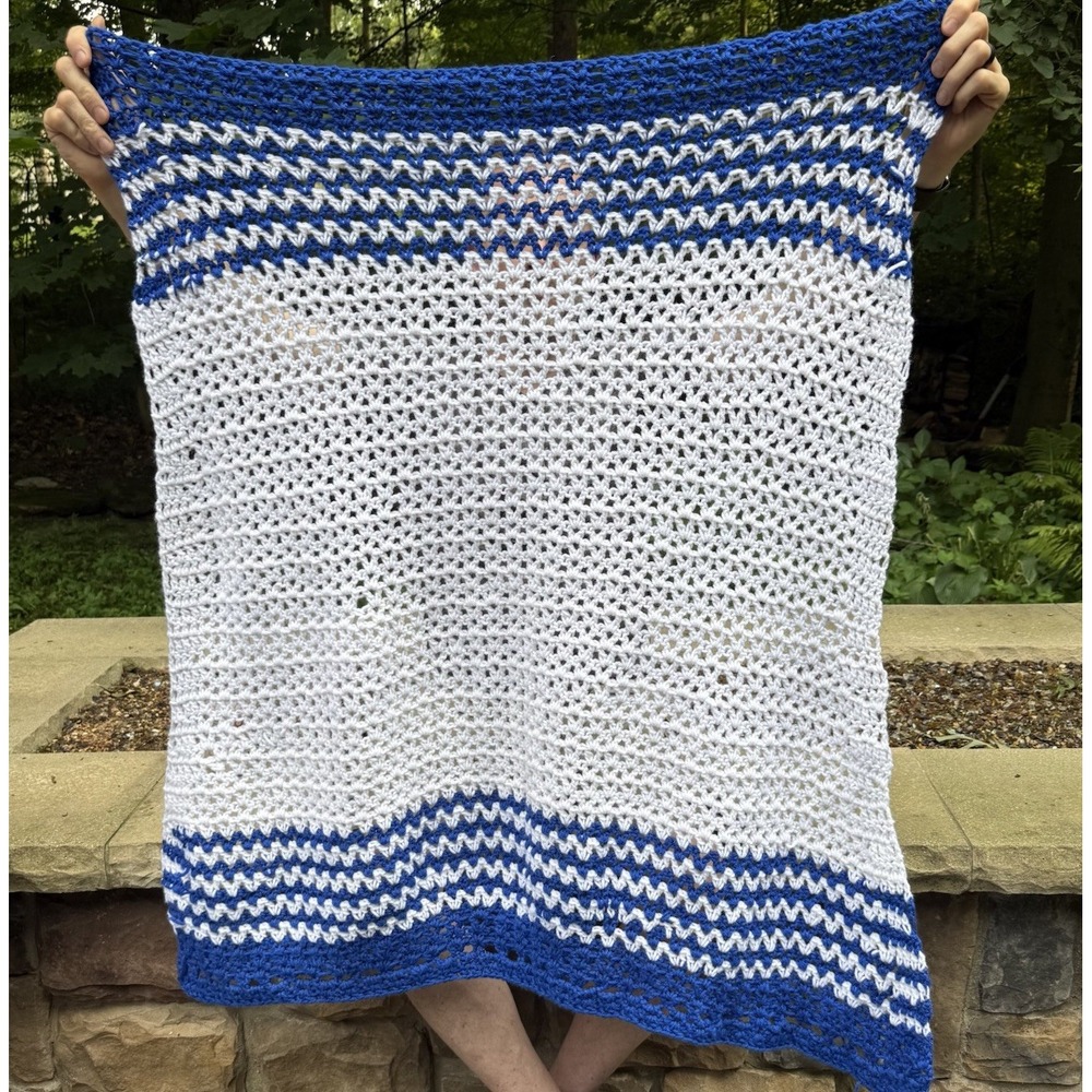 Handmade Crochet Afghan Throw 45.75x48 Blue White Openwork Scalloped Blanket